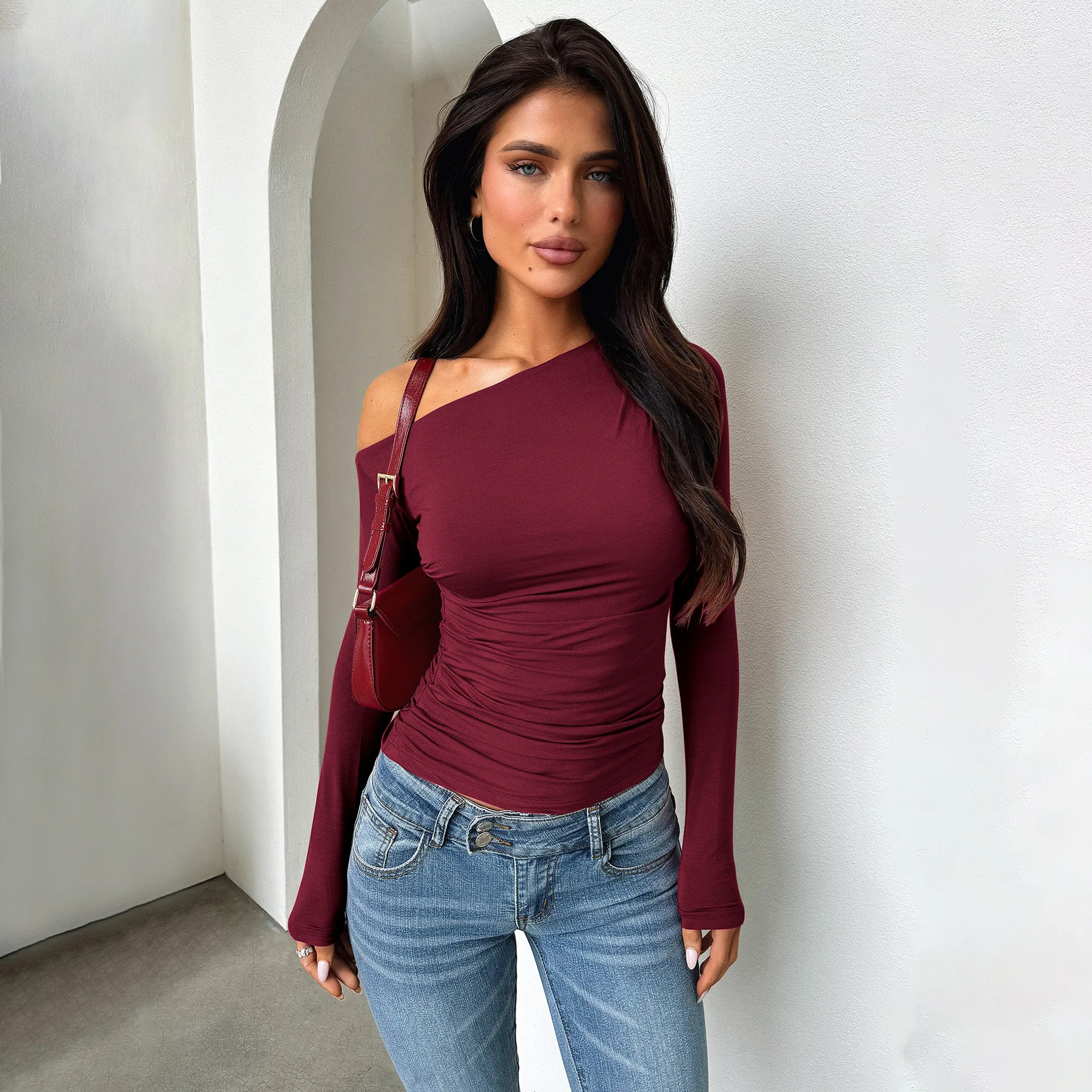 Top A Maniche Lunghe Scollo A Barca Camicia Da Donna Y2k A
