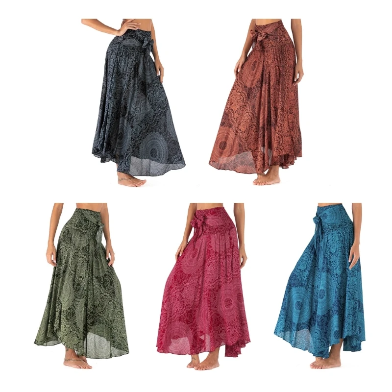 

Women Hippie Bohemian Floral Print Bowknot Elastic High Waist Long Skirt 2 In 1 Gypsy Halter Dress for Beach Dance Yoga