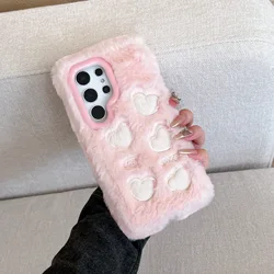 Korean Cute Winter Warm Plush Embroidery Love Heart Phone Case - Plush Protective Cover - Galaxy S23 Ultra (Pink)