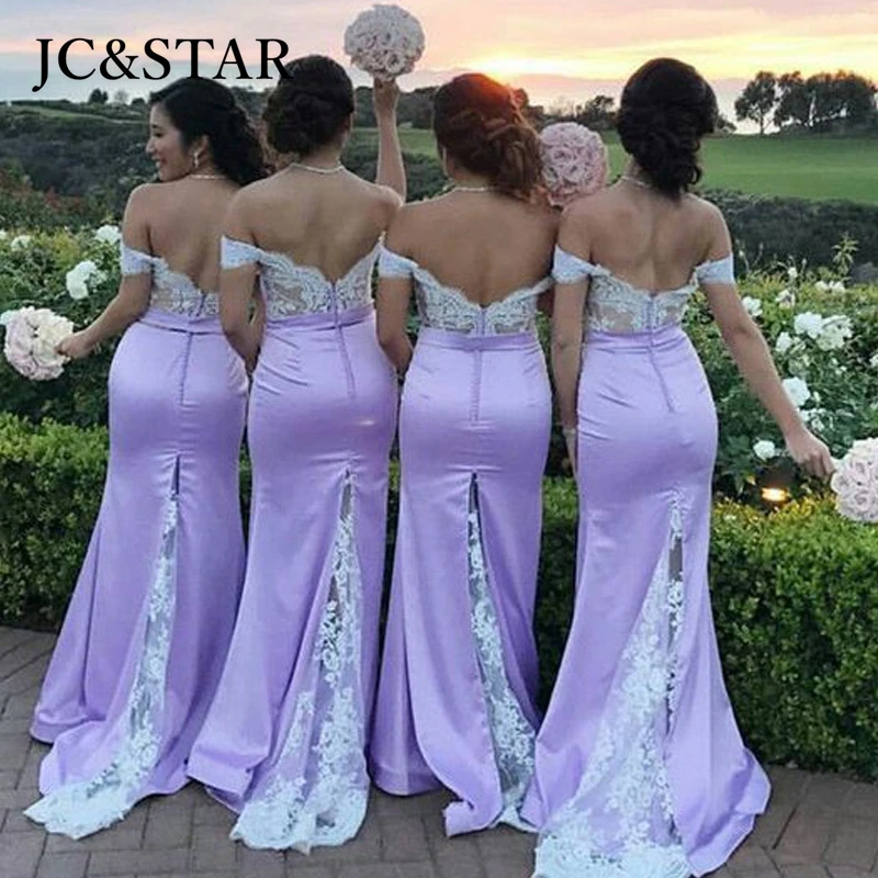 

light lavender bridesmaid dresses mermaid Off the Shoulder lace silk satin vestidos de fiesta para bodas sukienki na wesele