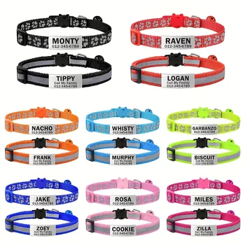 2Pcs Engraved Reflective Cat Safety Buckle Collar Adjustable Custom Personalized ID Free Engraving Nylon Puppy Kittens Necklace