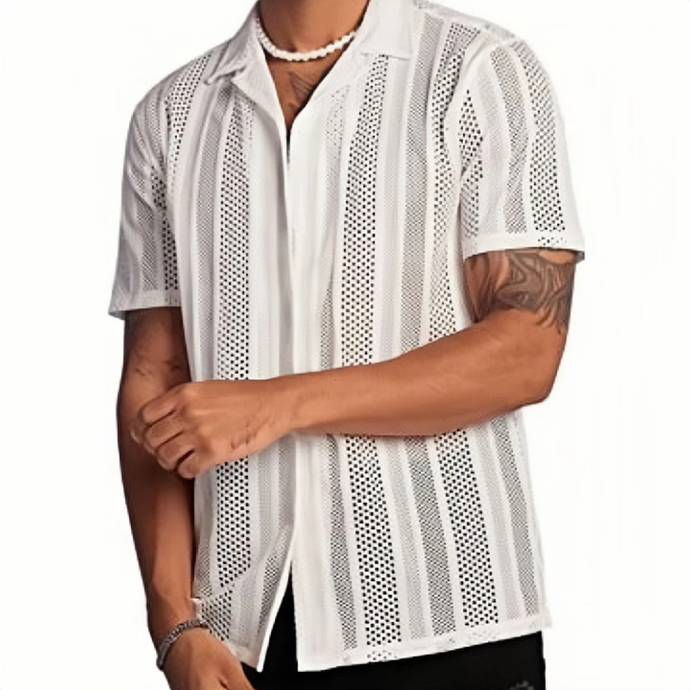 

Men Shirt Shirt Top Breathable Club Hollow Out Men See Through Short Sleeves Single Breasted Cardigan Affordable