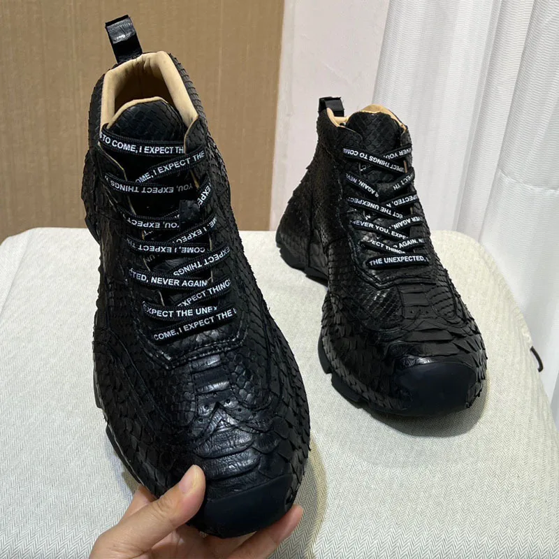 Men's Shoes Autumn Winter Python Snake Skin High Top Casual Versatile Real Leather Men's Black Trendy Wear-resistant Shoes