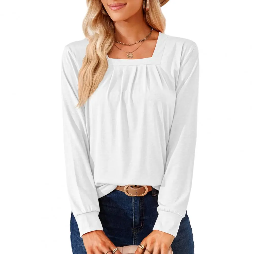 

Fall Spring Top Women Blouse Solid Color Long Sleeve Square Neck Pleated Loose Pullover Casual Lady Top blusa mujer moda 2023