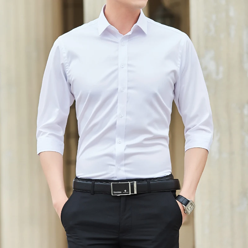 

YASUGUOJI Business Casual Three Quarter Sleeve Shirt Men Classic Solid Color Male Social Dress Shirts for Man Summer Slim Tops