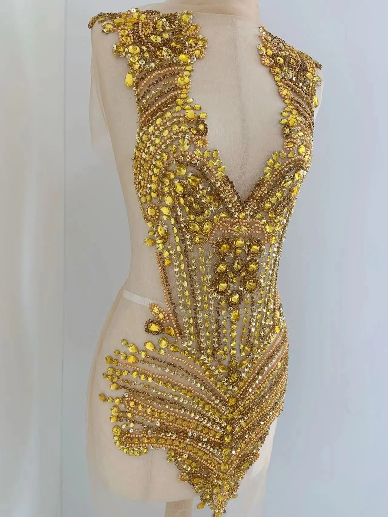 

Sparkling Gold Large Rhinestone Beaded Bodice Patch Deep V Neckline Diamond Applique for Ball Gown,Wedding Dress,Haute Couture