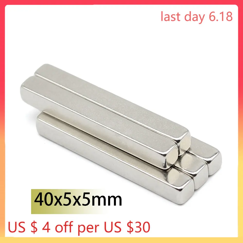 N35 40x5x5mm Rectangle Square Neodymium Bar Block Strong Magnet Scooter Generator  Rare Earth Magnets Search Magnetic Toy Glass