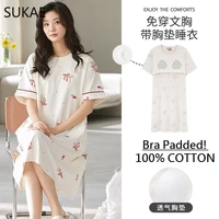 100% Cotton Bra Padded Nightgown Dress Summer Short Sleeved Sleepshirt Bow Printing Chic Fashion Women's Home Dressing Gown New