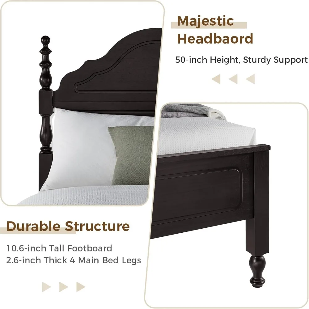 Wood Queen Size Bed Frame with Wooden Headboard and Footboard, Heavy Duty 12 Solid Wood Slats Support, Queen Bed Frame 5