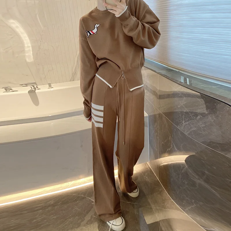 

High Quality Sporty 2022 Early Autumn Women's Set TB Puppy Just Little Dress Casual Age Reducing Fashion Sweater Wide Leg Pants