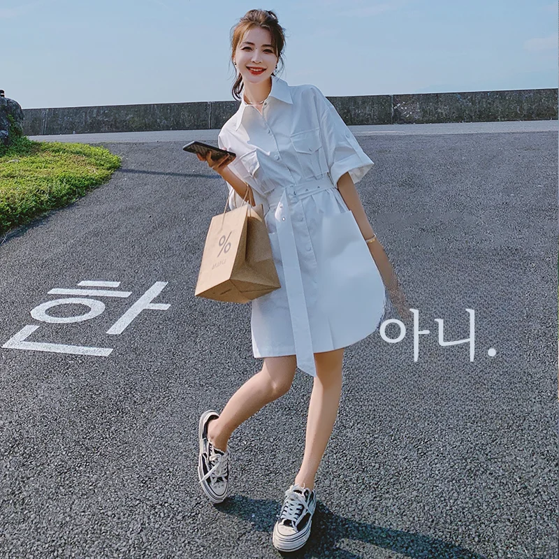 여성을위한 우아한 하이 엔드 캐주얼 연령 감소 화이트 셔츠 드레스 여름 2024 새로운 스타일 홍콩 스트리트 Workwear 드레스