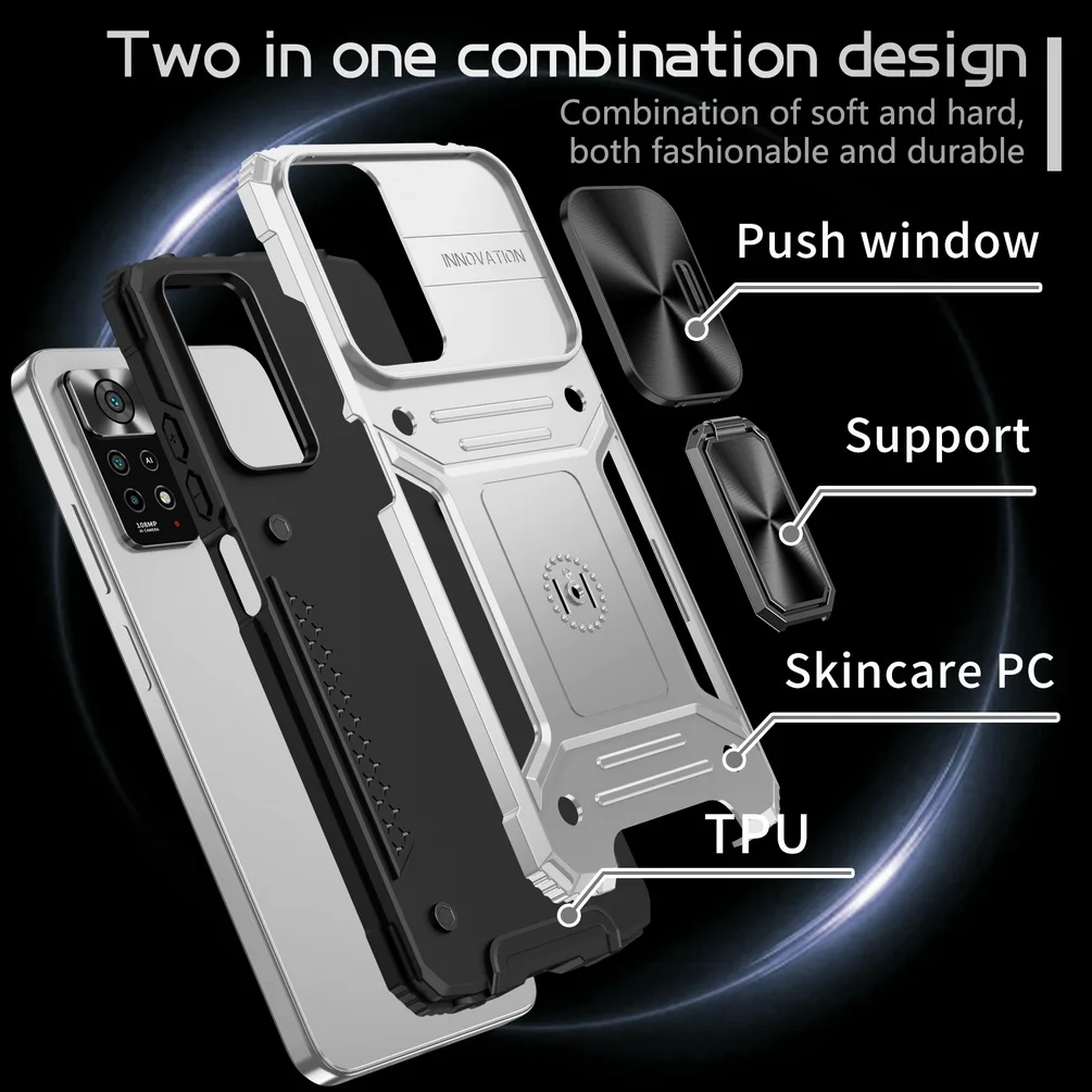 Removable Push-Pull Camera Protective Case For Xiaomi Redmi Note 12 11 11S POCO X5 Pro Metal Ring Buckle Holder Cover_voghion.com