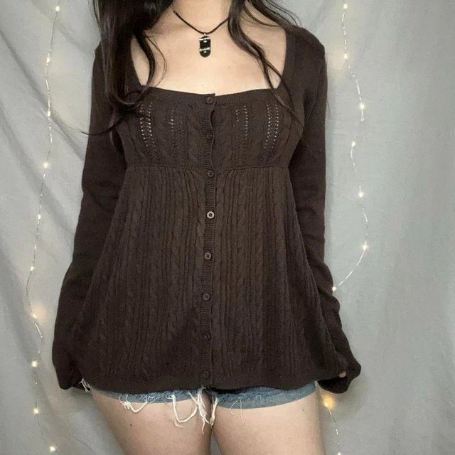 Cottage à manches longues col carré nuisette pull Y2k Vintage câble boutonné Pulloves hauts femmes automne coupe ample pulls 1