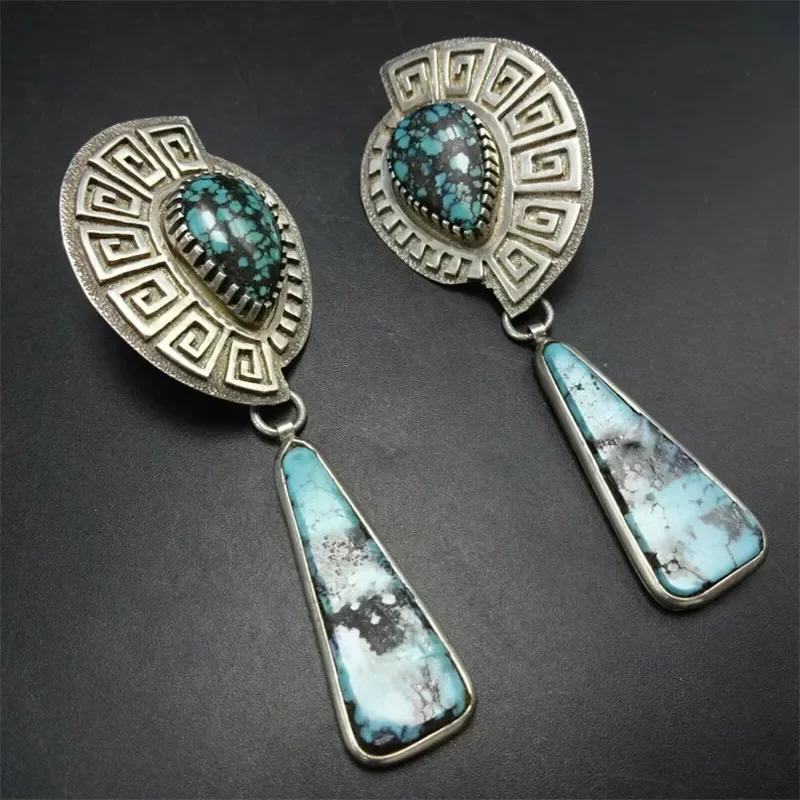 

Vintage Water Droplet Inlaid Blue Stones Drop Earrings Ethnic Silver Color Metal Carving Pattern Earrings Women Accessories