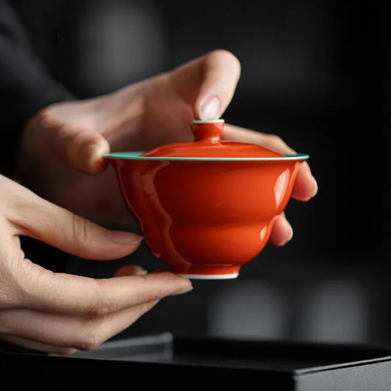 Forbidden City Red Porcelain Tea Tureen Kungfu Tea Cup Drinking Set Creative Gourd Shape Infuser Bowl