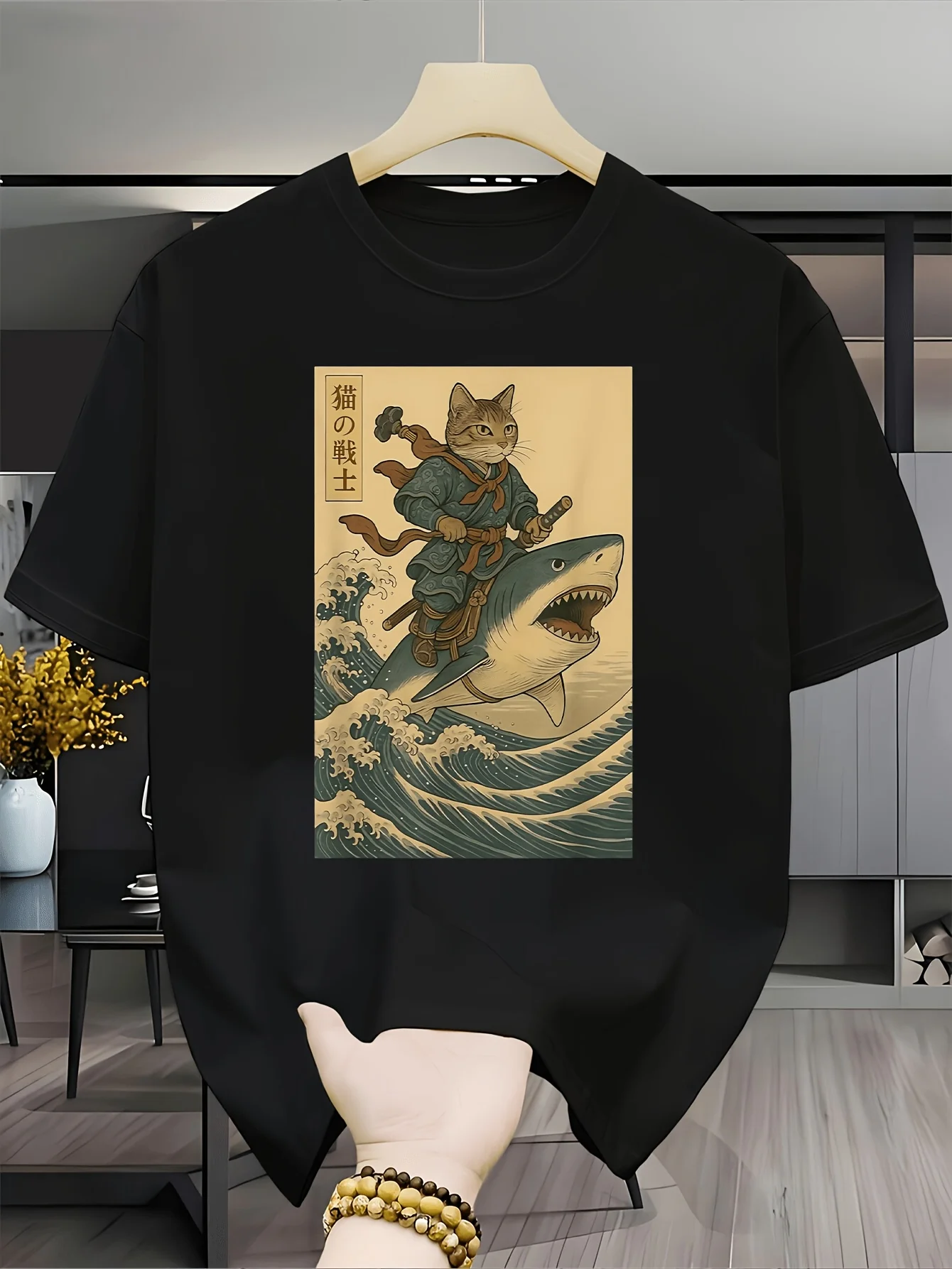 Japanisches Samurai-Katzen-T-Shirt mit Hai-Motiv, Grafik-T-Shirt im Ukiyo-e-Stil, Vintage Great Wave Ästhetik-Oberteil, Harajuku Streetwear-Shirt