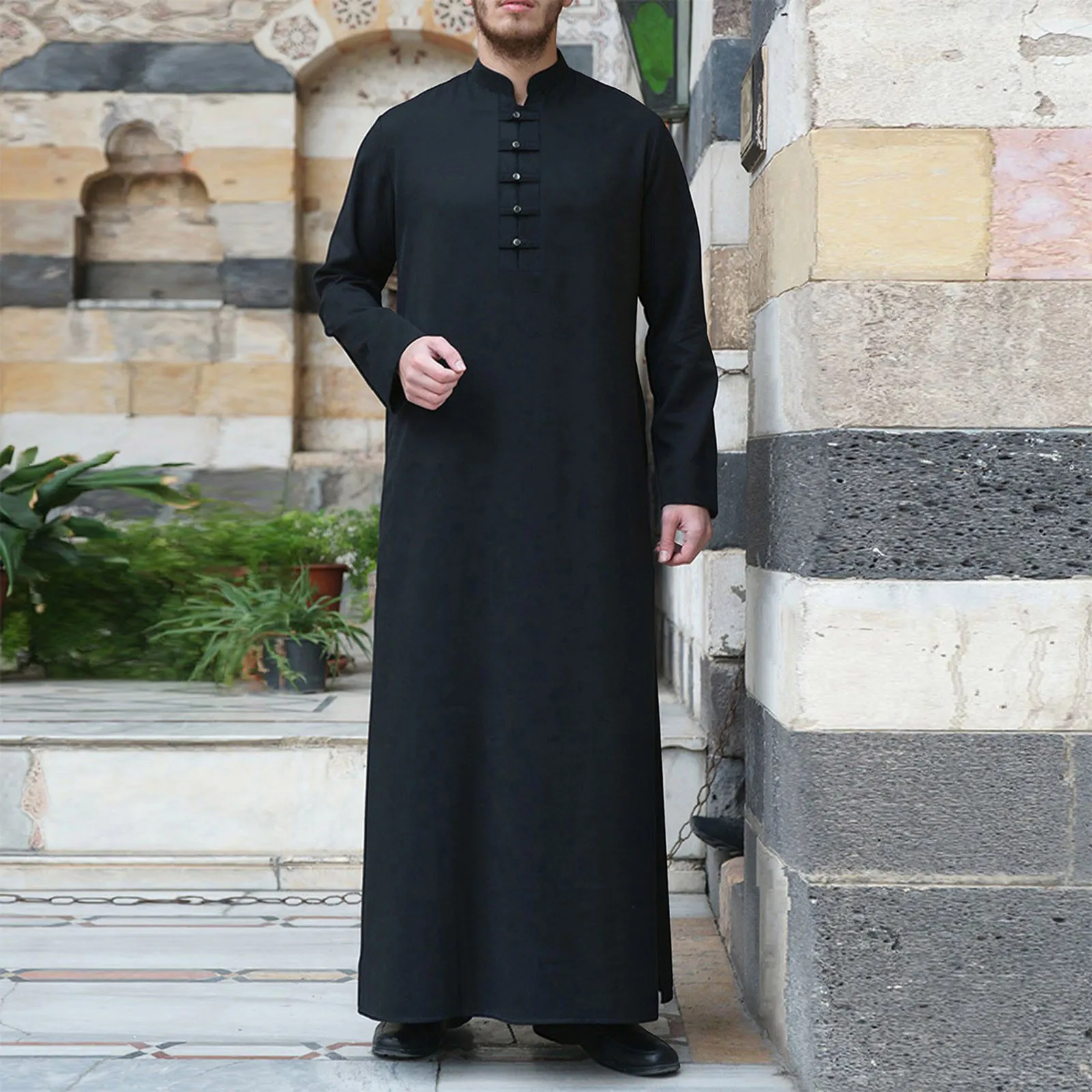 Mens Muslim Simple Loose Solid long Robes Arabic Dubai Traditional Islamic Clothing  long sleeve Button Comfortable Abaya Robe