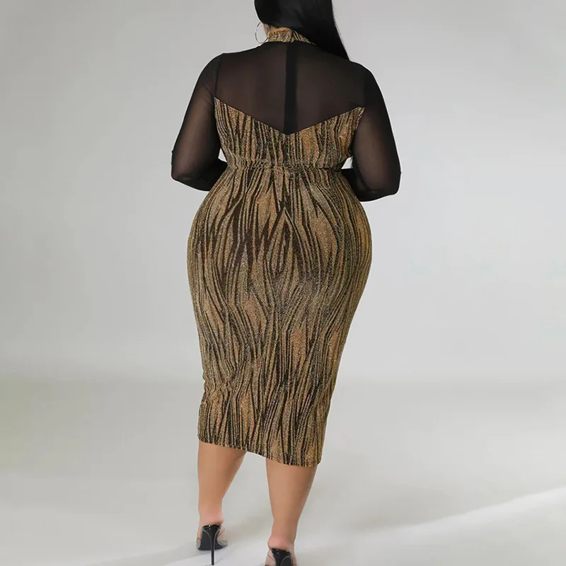 Evening Party Sexy Perspective Splicing Bright Filament A-line Skirt Club O-Neck Long Sleeve Slim Midi Bag Hip Plus Size Dress