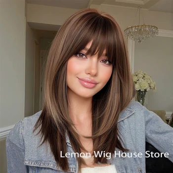 Warm Brown Synthetic Wig with Bangs Medium Long Straight Hair Natural Layered Wigs for Women Daily Party Wig Heat Resistant 1