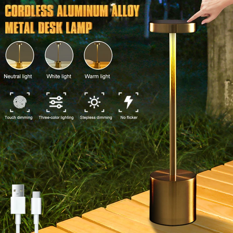 

Cordless Aluminum Alloy Metal Desk Lamp Three Color Lighting LED Touch Stepless Dimming Night Light For Restaurant Bedroom Bar
