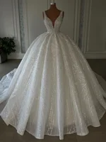 Customized Sparkly Ball Gown Wedding Dress Beads V Neck Sleeveless Pearls Bridal Gowns Ruffles Sweep Train Bride Dresses 2