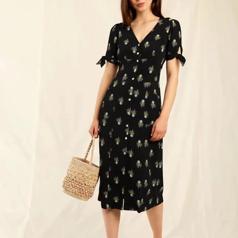 

French Print Bow Tie V-neck Black Midi Dress Women's Waist Slim Temperament Single-breasted Elegant Robe Women Clothing