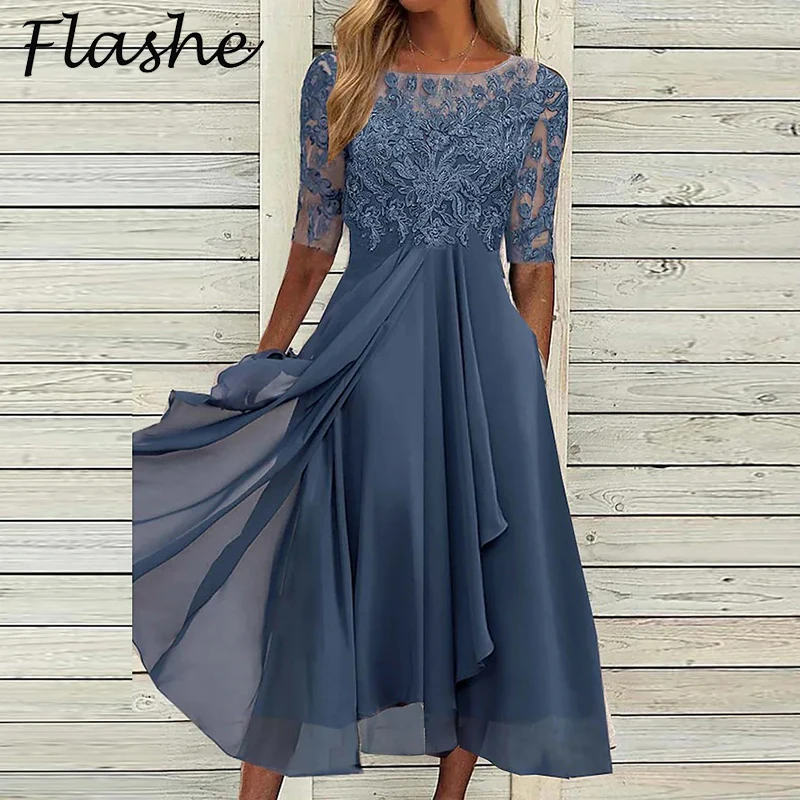 BluePartyDressWomenONeckLaceHalfSleevePromDressesForWomen