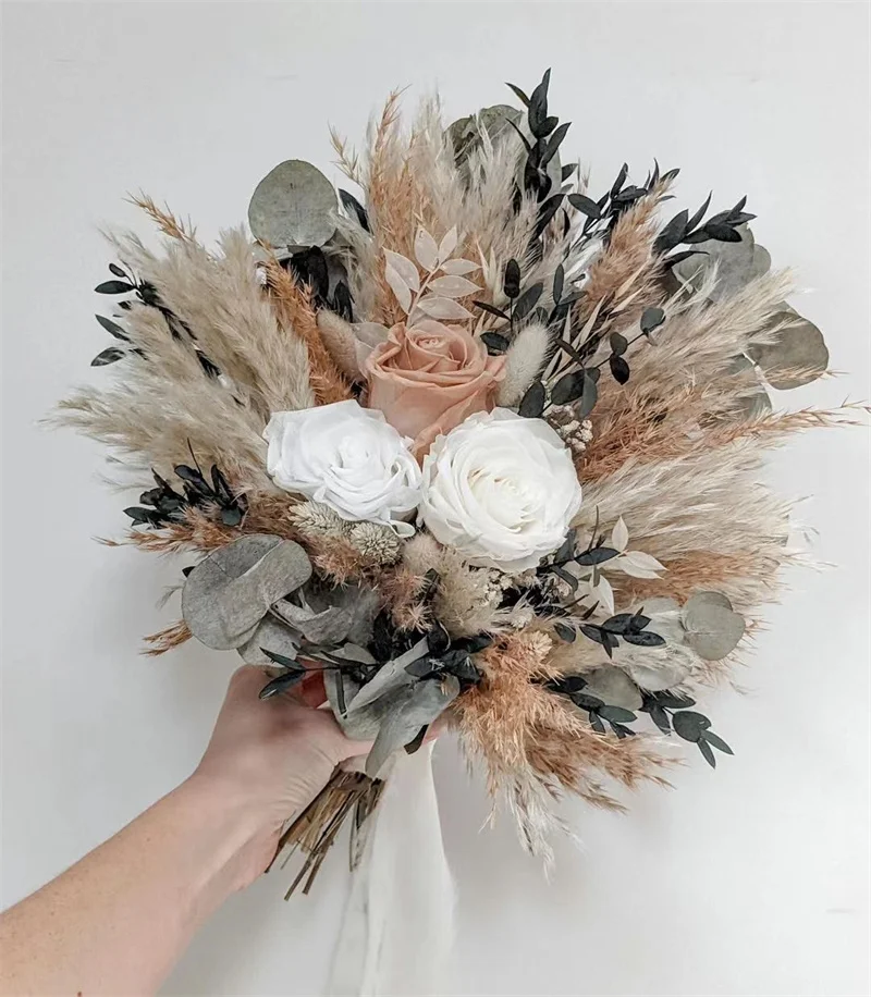 Champagne Wedding Bride Bouquet - 15 Inch Dried Flower Bouquet For Brides & Bridesmaids