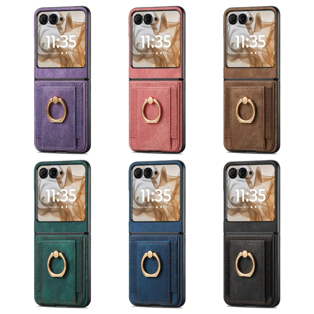Premium Retro Plain PU Leather Wallet Phone Case with Card Slot and Ring Bracket - Shockproof Cover