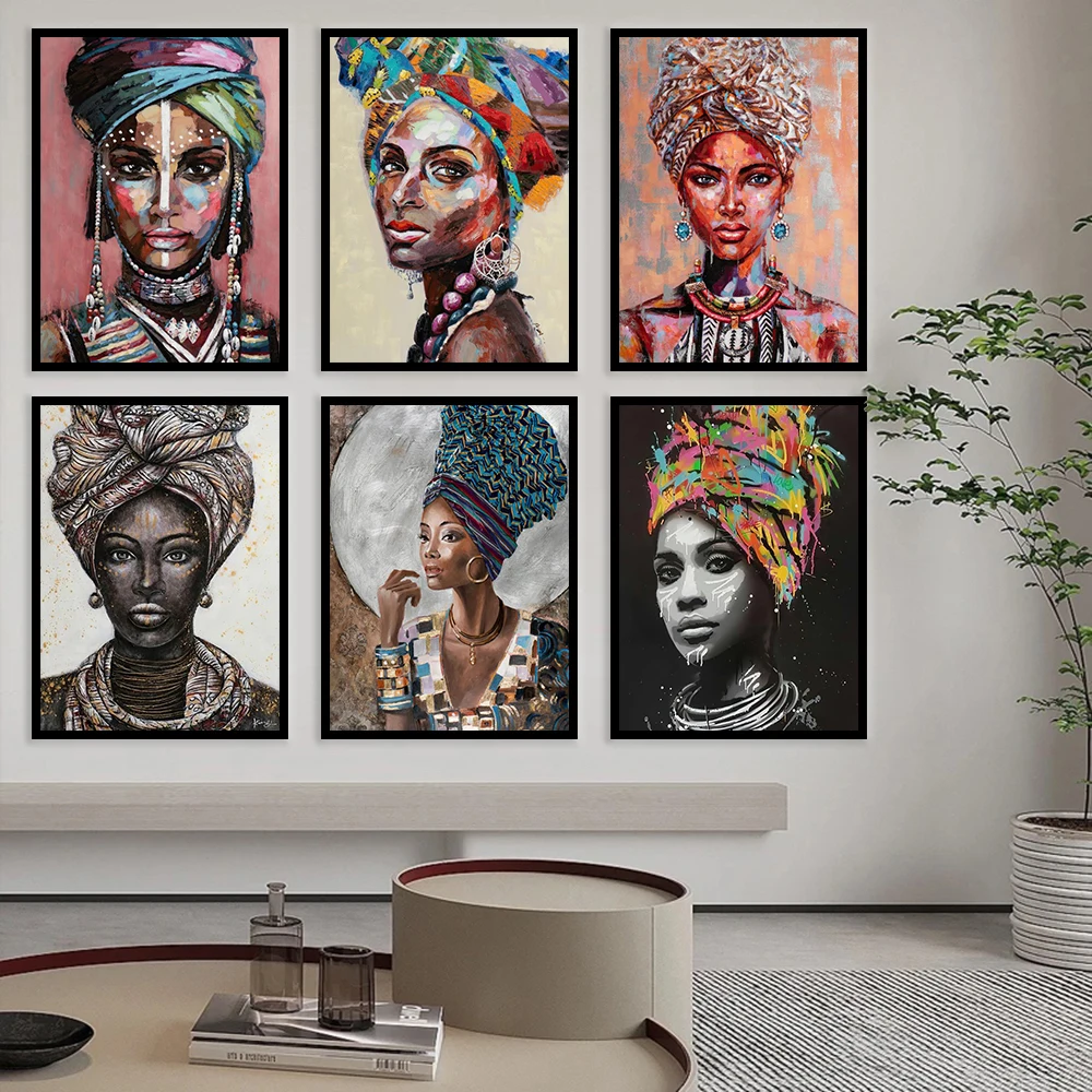 African Woman Abstract Art Portrait Traditional Clothing Canvas Painting Color Wall Art Graffiti Poster Prints Home Decor Murals