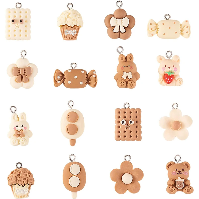 

16Pcs Cute Resin Bear Rabbit Biscuits Candy Flower Charms for Jewelry Making DIY Necklace Pendants Earrings Accessories Supplies