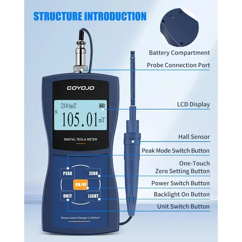 Gauss Meter Tesla Meter Portable Digital Magnetometer for Measuring Magnetic Strength and Polarity