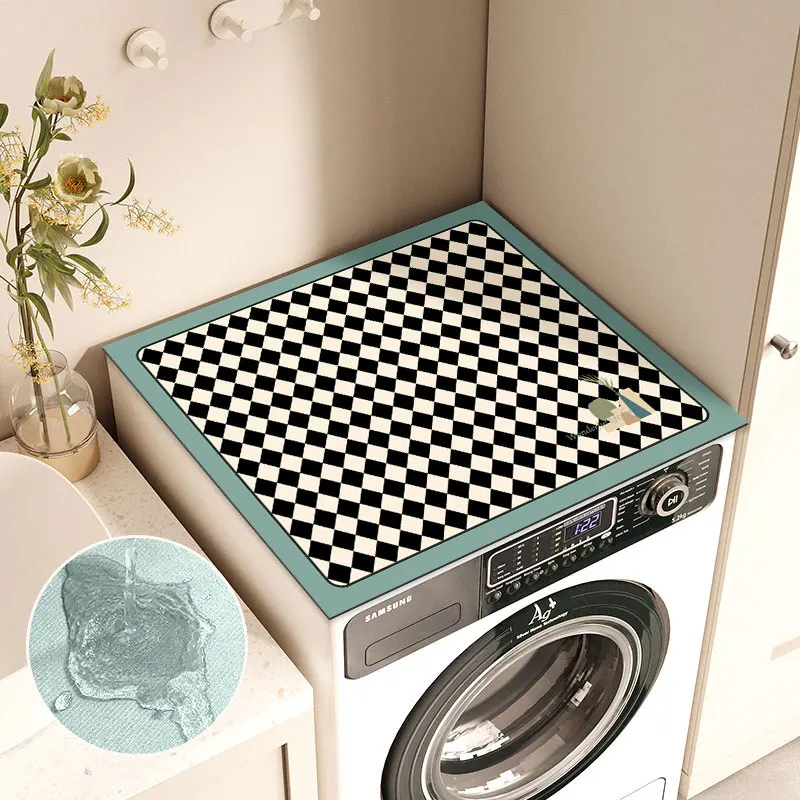 Washing Machine Cover Absorbent Washing Machine Dust Mats Retro Checkerboard Pattern Kitchen Sink Pads Dustproof Draining Mat Waterproof Cover Cloth