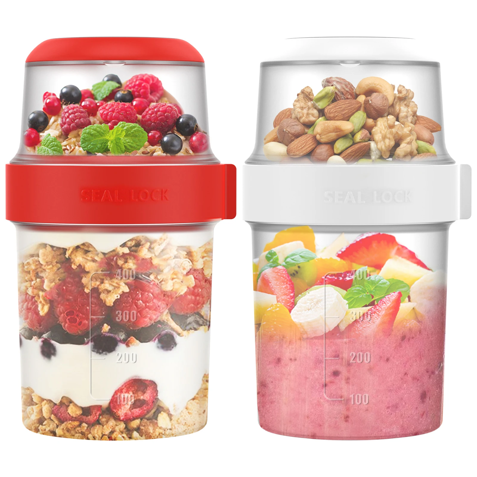 2 Pack Breakfast On the Go Cups Reusable Double Layer Yogurt Cup Leakproof Plastic Overnight Oats Container for Office Workers