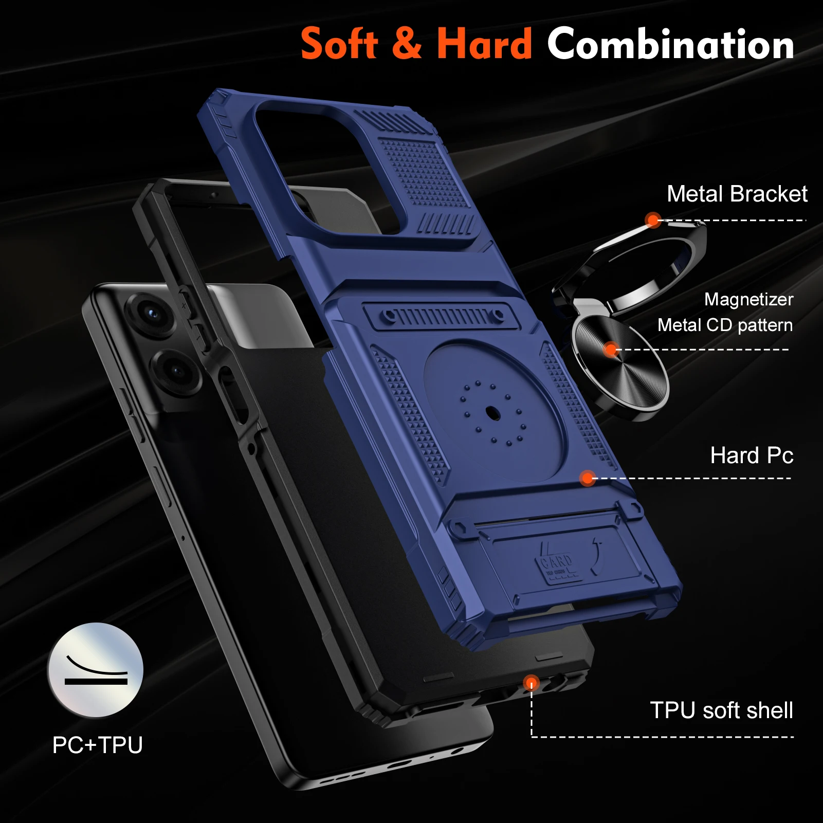 Magnetic Ring Stand Mecha Style Shockproof Case with Hidden Card Slot