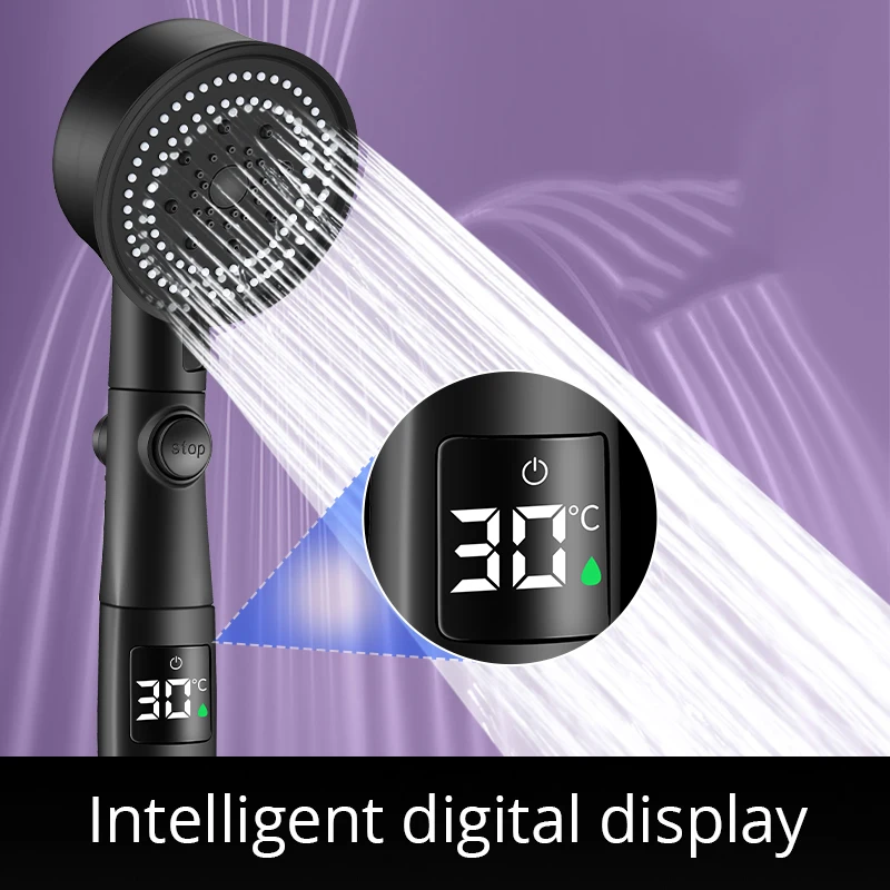 

Digital Display Five-Speed Pressurized Turbo Shower Head With One Key To Stop Water Saving Anti-drop Bathroom Accessories