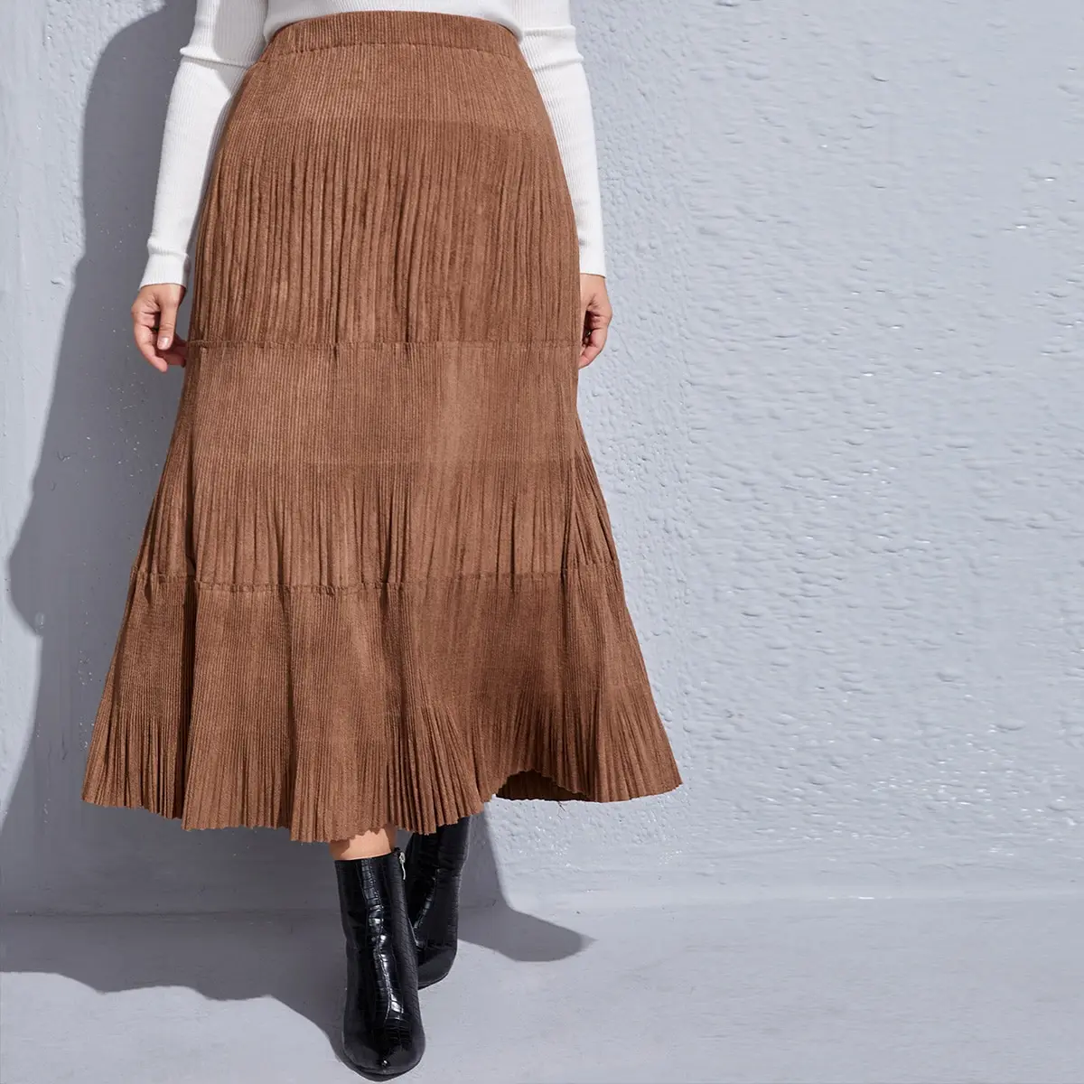 Plus Size High Waist Women Skirt Casual Vintage Solid Belted Pleated Midi Skirts Lady Brown Fashion Simple Saia Mujer Faldas long skirts