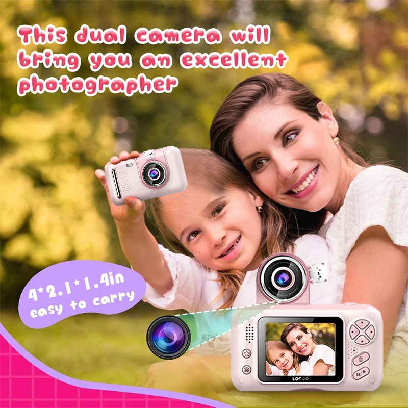 A Mini Digital Cartoon Camera capturing on-the-go photography of a woman and a child, perfect for kids.