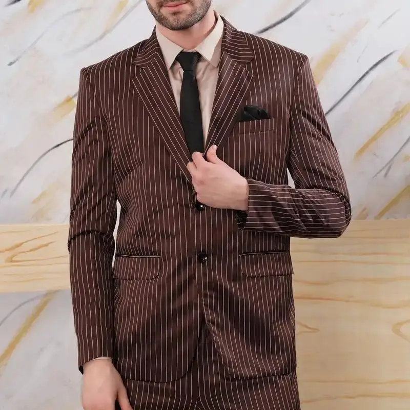 Men's Pinstripe Suit Set Jacket and Trousers Coffee Stripe Blazer Sets British Style Pantsuits Casual Party 2 Pcs
