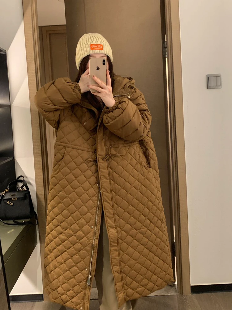 Korean style Women's Hooded long down jacket Warm 2023 Winter Fashion Adjustable waist Long sleeve puffer coat Clothes 3O287