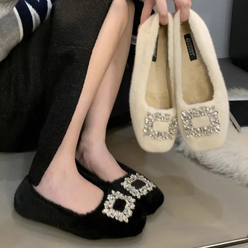 New Winter Women's Ballet Flats Lambswool Boat Shoes for Woman Faux Suede Slip on Rhinestone Warm Cotton-Padded Shoes 1646N