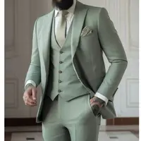 Sage Green Men’s Slim Fit 3 Piece Suits (Jacket+Vest+Pant) Wedding Groom Tuxedos Prom Formal Male Party Blazers  Traje Hombre