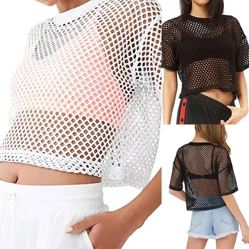 Women Ladies Sexy Fishnet Tank T-Shirt Blouse Crop Tops Casual See Through T-Shirt Blouse Mesh Summer
