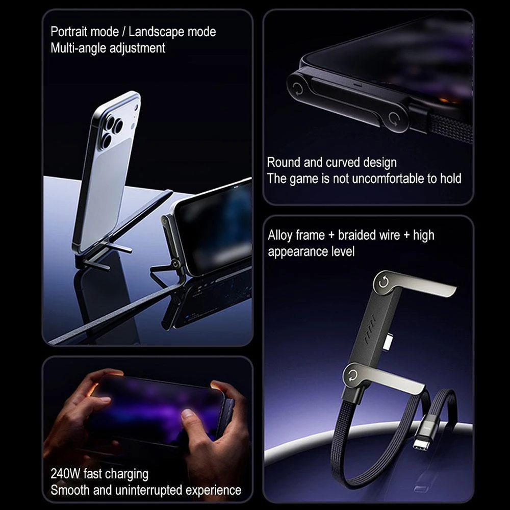 USB C to Type C 240W 2 IN 1 Cable Foldable Holder Data Cord Fast Charging Braided Elbow PD Wire For iPhone 17 16 Samsung Xiaomi 4