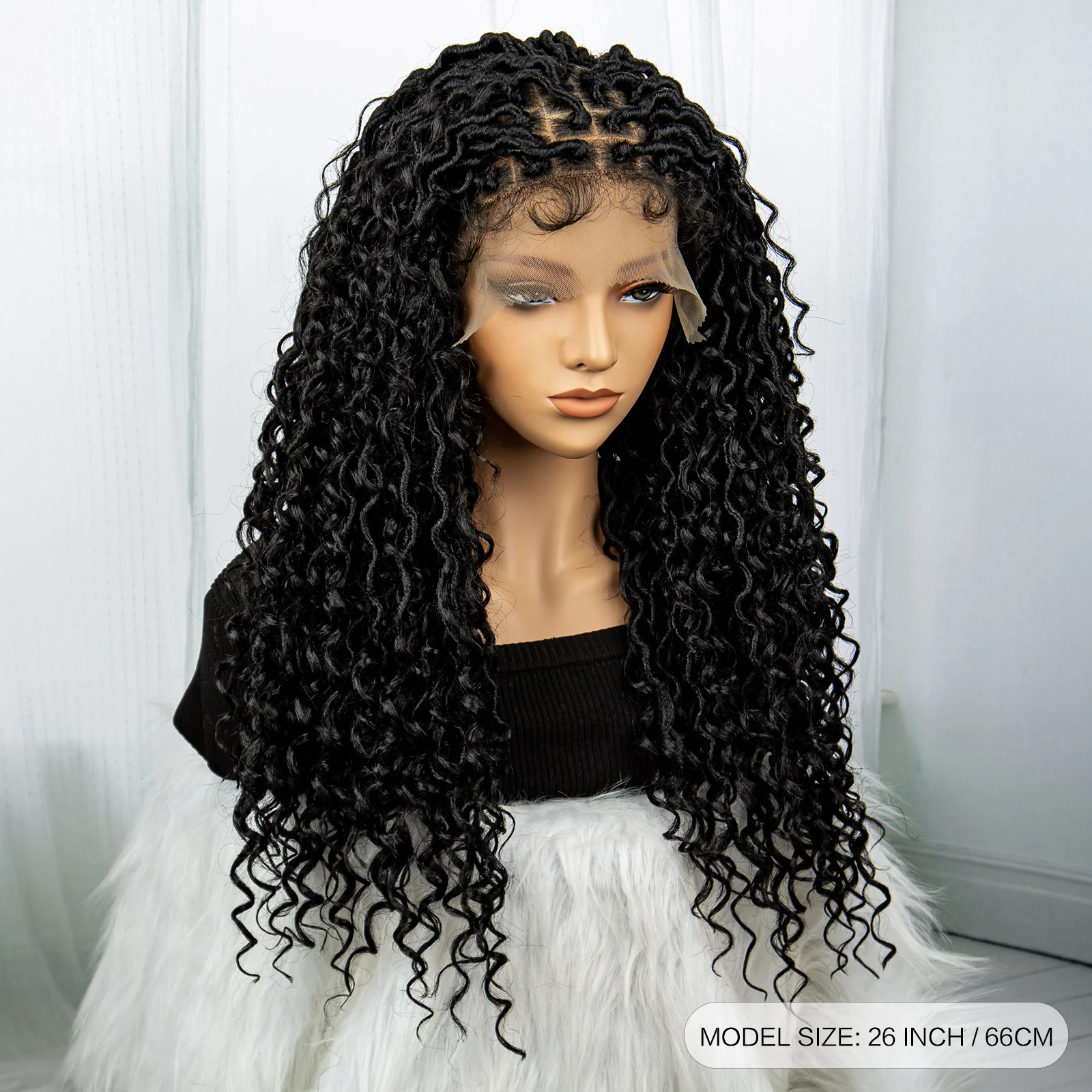 Faux Locs Braided Wigs Synthetic Dreadlock Braided Wigs With Curly Ends 26inch Lace Front Knotless Box Braids Wig with Baby Hair