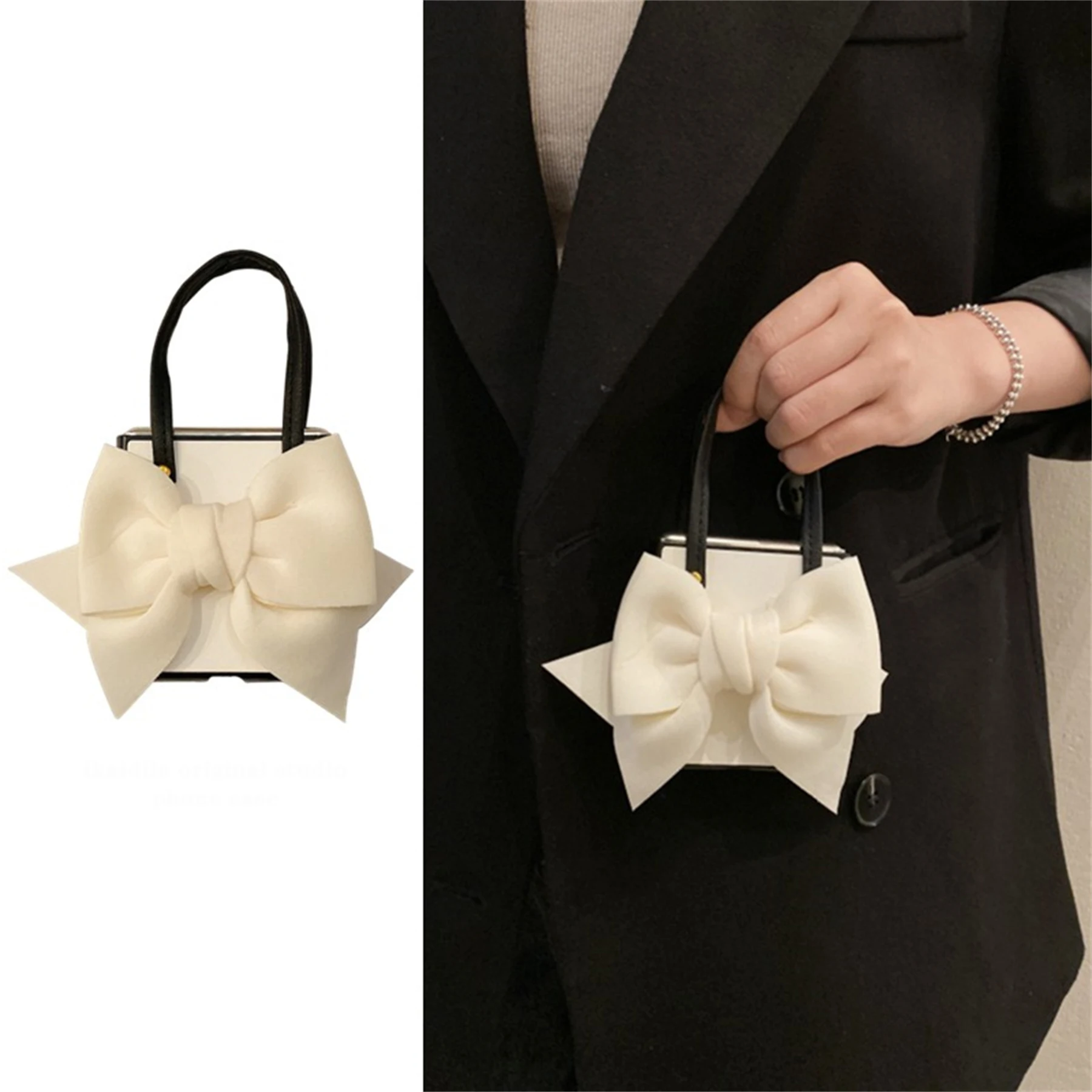

Luxury Korean Cute Handbag 3D Knit Bow White Case for Samsung Z Flip3 5G Z Flip5 Zflip5 Zflip4 Z Flip 4 Cover with Chain Funda