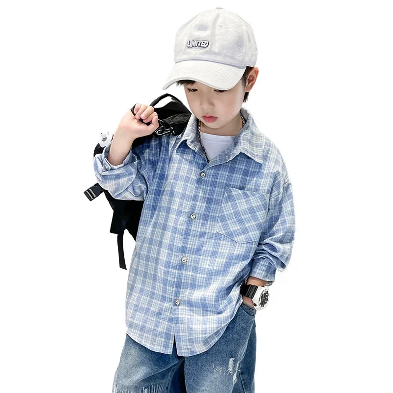 Spring Autumn Plaid Shirt Thin Outerwear for Boys Mid Large Children Fashionable Clothing Spring Autumn Style Lightweight Jacket