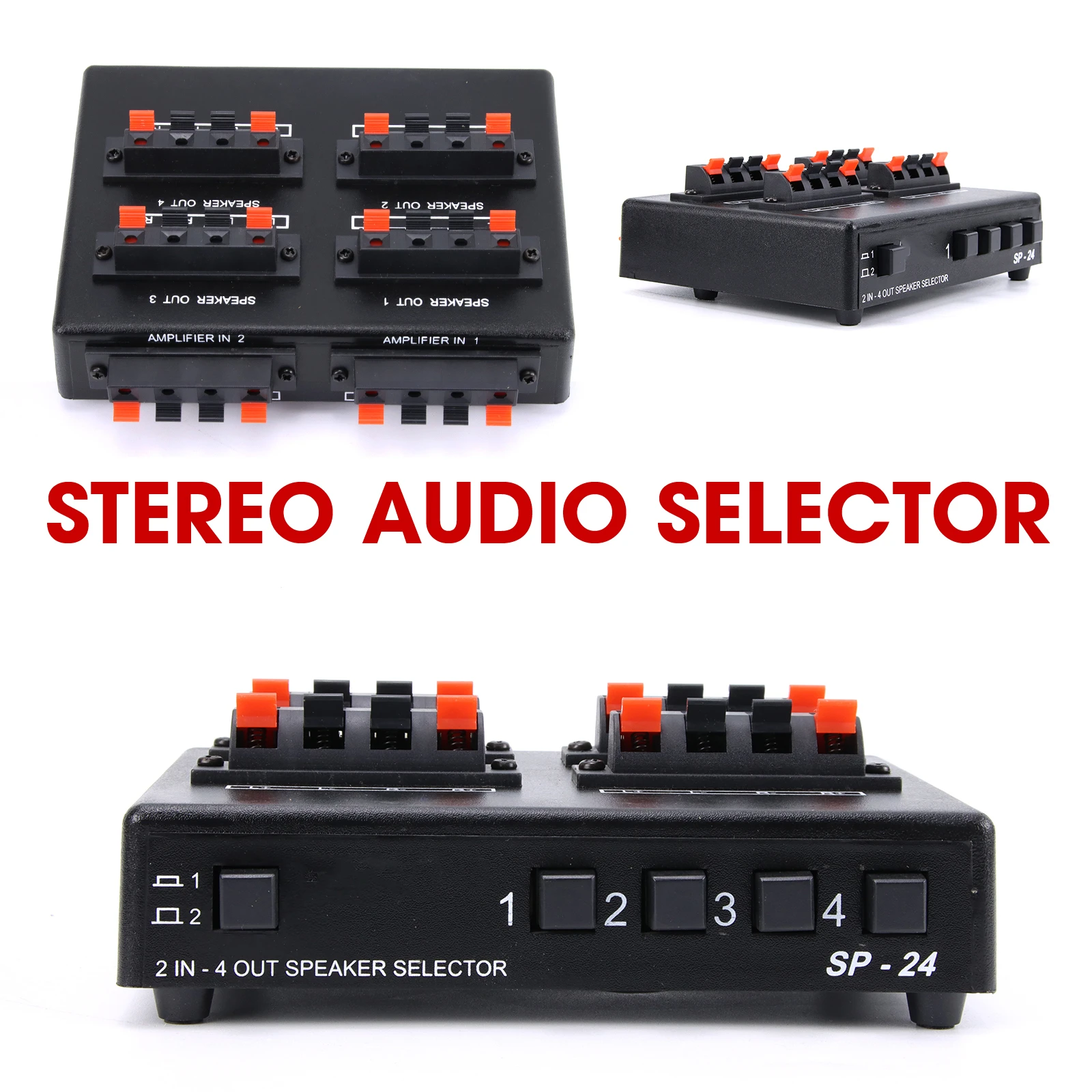 Boîtier De Commutation Audio Stéréo SP-24 Mini 2 Entrées / 4 Sorties - Sélecteur Manuel Pour Haut-parleurs - Noir Et Rouge