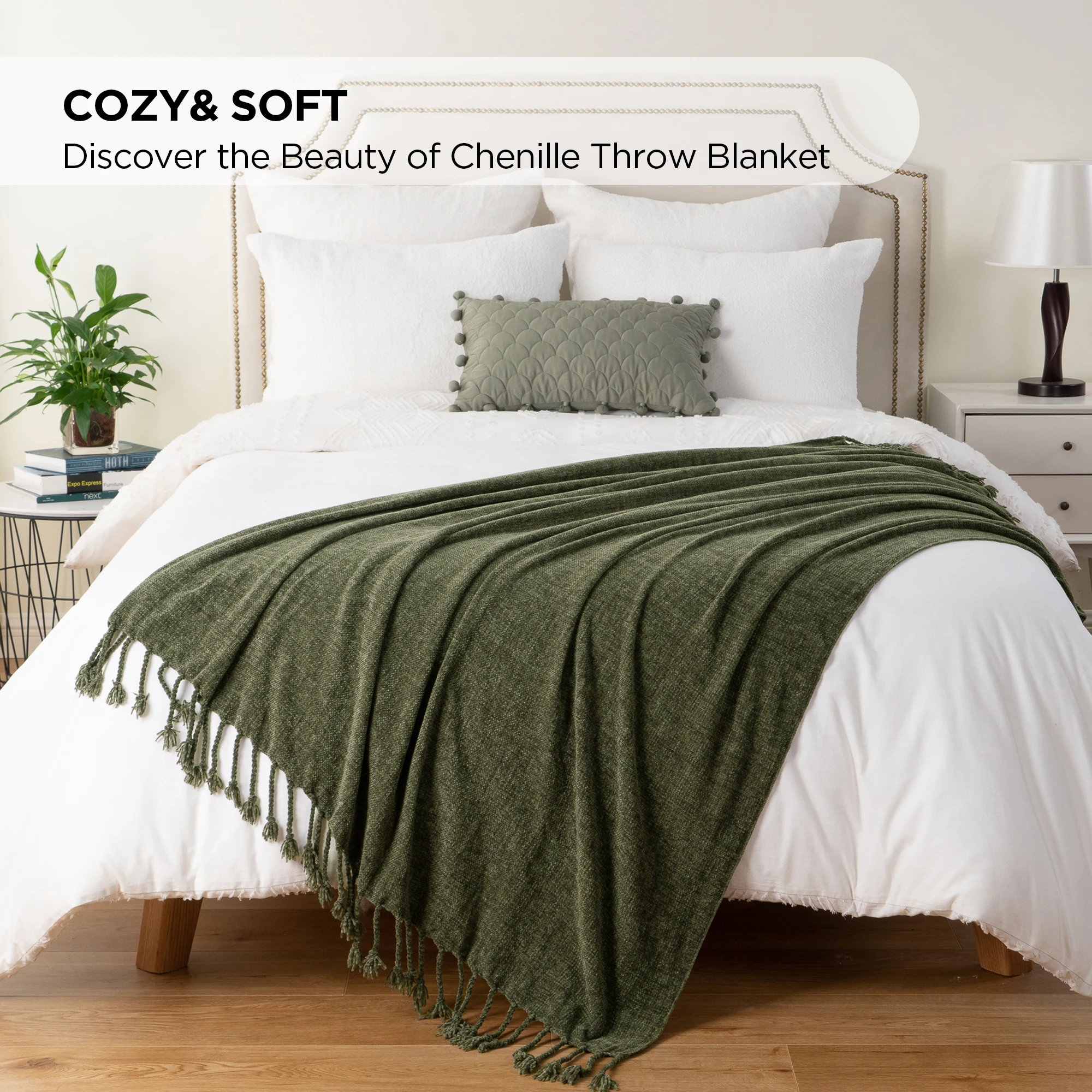 Battilo Chenille Throw Blanket With Fringe Tassels Decorative Lightweight Sofa Blanket Soft Cozy Knit Throws for Spring Decor