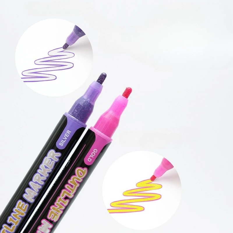 8/12 색상 더블 헤드 더블 라인 컨투어 펜 빠른 건조 비 페이딩 어린이 그림 낙서 핸드북 장식 DIY 디자인